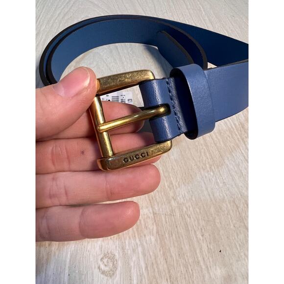 NWT Authentic Gucci Blue Leather Belt with Gold Buckle - Picture 3 of 10